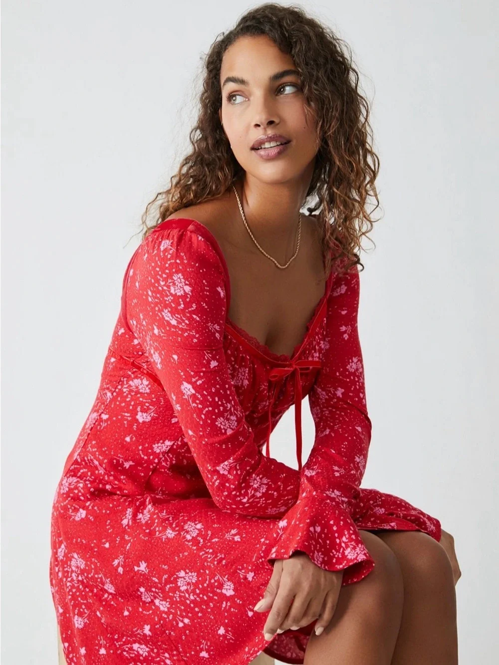 Free People Red Floral Tie-Front Long-Sleeve Mini Dress